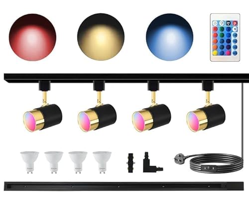 Bravsekai GU10 RGB LED-Schienenbeleuchtungsset mit,4er-Pack Farbwechsel-Spots und 1m H-Schiene, IR-fernbediente Deckenstrahler-Anlage für Wohnzimmer, Home-Partys, Diskotheken, Bars von Bravsekai