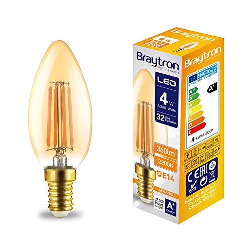 Braytron LED Leuchtmittel E14 Filament Kerze | bernstein | C35 4W | 360 Lumen warmweiß (2200 K) von Braytron