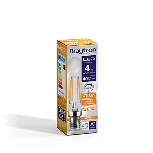 Braytron LED Leuchtmittel E14 Filament Kerze klar C35 4W | dimmbar | 440 Lumen warmweiß (2700K) von Braytron