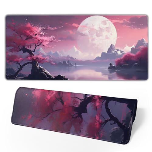 Großes Gaming-Mauspad mit Kirschblütenmotiv, japanisches Mauspad, 80 x 30 cm, große Schreibtischunterlage, erweiterte Tastatur-Mauspad mit rutschfester Unterseite und genähtem Rand für Schreibtisch, von Brecoy