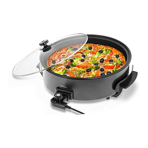 Bredeco BCPP 40-9 Elektropfanne Pizzapfanne Partypfanne mit Deckel (1400 W, 230 V, 5 Stufen 100–250 °C, Höhe 9 cm, Teflon, Ø 40 cm) Schwarz von Bredeco