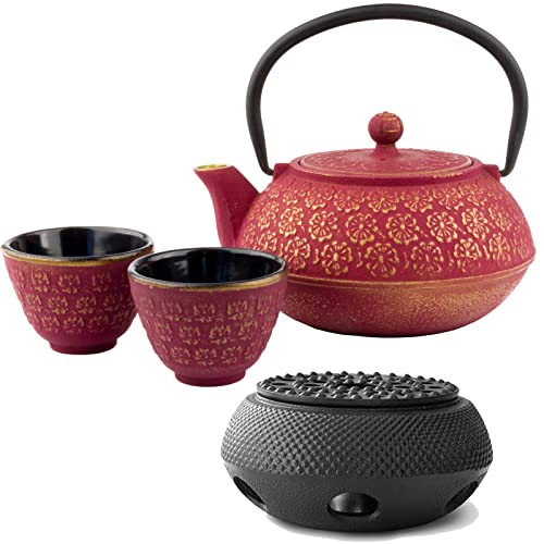 Bredemeijer 4-tlg. Gusseisen Tee Set 0.6 Liter Teekanne mit Stövchen & 2 Guss-Tassen (Becher) & Edelstahl-Teefilter - ideal für lose Teesorten von Bredemeijer