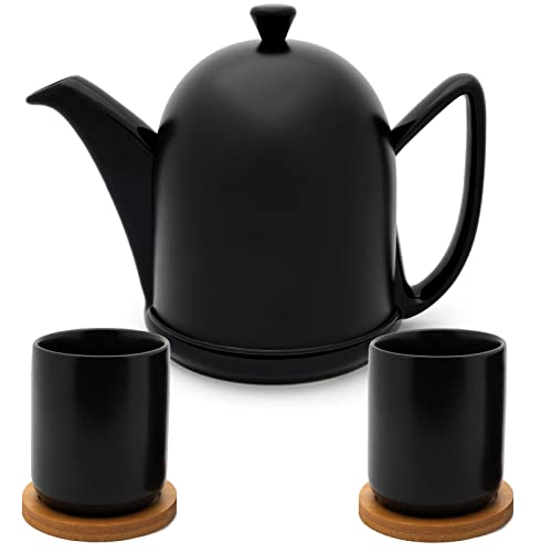 Bredemeijer 5-teiliges schwarzes Keramik-Teekannen Set matt inkl. 2 Teebecher mit Holzuntersetzer - 1 L Steingut Kanne mit Tee-Filter Sieb-Einsatz von Bredemeijer