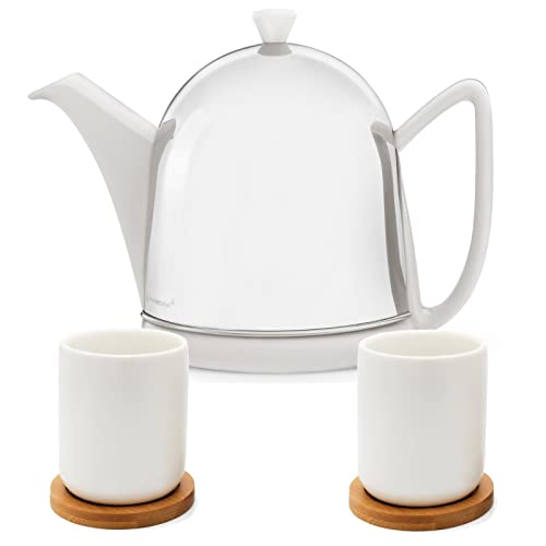 Bredemeijer 5-teiliges weißes Keramik-Teekannen Set glänzend inkl. 2 Teebecher mit Holzuntersetzer - 1 L Steingut Kanne für längeren Teegenuss von Bredemeijer