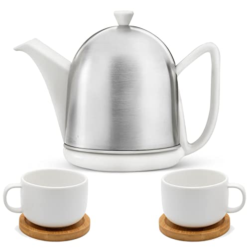 Bredemeijer 5-teiliges weißes Keramik-Teekannen Set matt inkl. 2 Teetassen mit Holzuntersetzer - 1 L Steingut Kanne für längeren Teegenuss von Bredemeijer