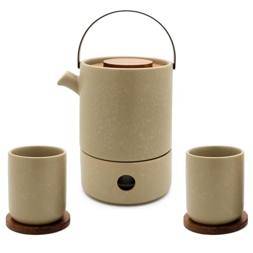 Bredemeijer 6-teiliges Steingut Teekannen Set 1.2 Liter beige - große Keramik-Kanne mit Teewärmer für 1 Teelicht - inkl. 2 Teebecher mit Holzuntersetzer & Tee-Filter von Bredemeijer