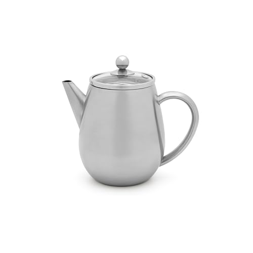Bredemeijer Doppelwandige Teekanne 0.5 Liter - kleine isolierende Edelstahlkanne Silber mit Glasdeckel & Tee-Filter Sieb-Einsatz - ideal für lose Teesorten von Bredemeijer