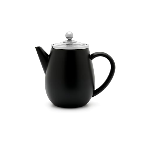 Bredemeijer Doppelwandige Teekanne 0.5 Liter - kleine isolierende Edelstahlkanne schwarz mit Glasdeckel & Tee-Filter Sieb-Einsatz - ideal für lose Teesorten von Bredemeijer