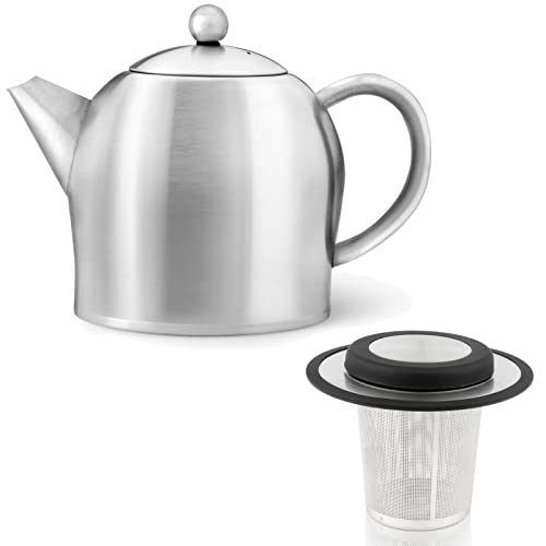 Teekanne Set 0.5 Liter - Edelstahl matt doppelwandig - Kleiner Teebereiter mit Tee-Filter-Sieb-Aufsatz für losen Tee von Bredemeijer