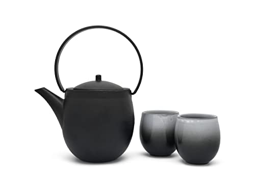 Bredemeijer Schwarze gusseiserne Asia Teekanne 1.2 Liter inkl. 2 Porzellan Teebecher - zur Aufbereitung von losem Tee von Bredemeijer