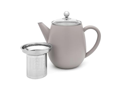 Bredemeijer graue doppelwandige Teekanne 1.1 Liter - isolierende Edelstahl Kanne mit Glasdeckel & Tee-Filter-Sieb von Bredemeijer