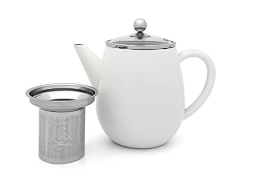 Doppelwandige Teekanne 1.1 Liter mit Filtersieb - isolierende weiße Edelstahl Kanne mit Glasdeckel - Teebereiter für längeren Teegenuss von Bredemeijer