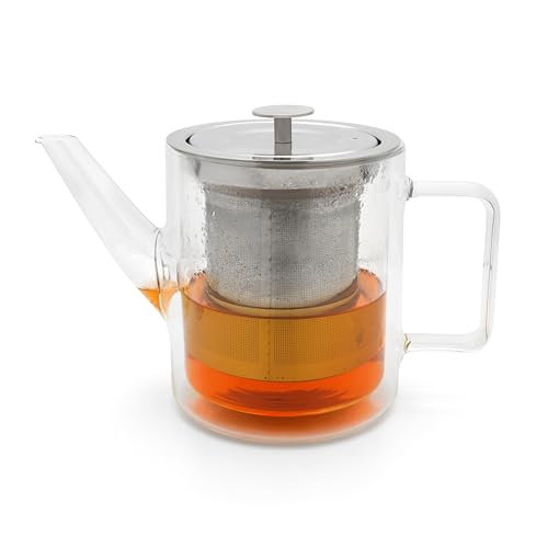 Bredemeijer kleine gläserne Retro Teekanne 1.0 L doppelwandig - isolierende Glaskanne mit Tee-Filter aus Edelstahl von Bredemeijer