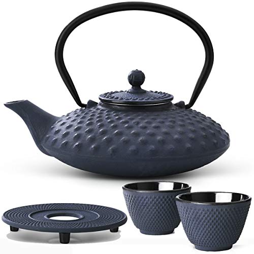Teekanne asiatisch Gusseisen Set blau 0.8 Liter mit Edelstahl Tee-Filter-Sieb-Einsatz für losen Tee mit Stövchen und Teebecher (2 Tassen) blau von Bredemeijer