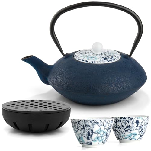 Teekanne asiatisch Gusseisen Set blau 1.2 Liter &Teekessel mit Henkel & Edelstahl Tee-Filter-Sieb-Einsatz & gusseisernen Stövchen & Teebecher Porzellan von Bredemeijer