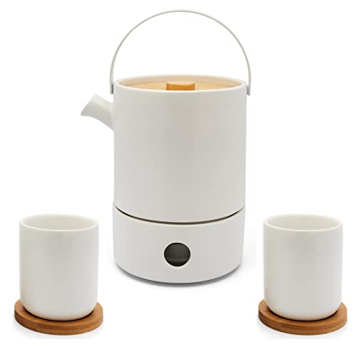 Bredemeijer Teekannen Set - weiße Keramik-Kanne 1.2 Liter & Tee-Filter-Sieb-einsatz für losen Tee & Stövchen & 2 Steingut Teebecher - 6-tlg. von Bredemeijer