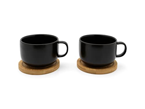Bredemeijer 2-teilige Schwarze Keramik Teetassen mit Henkel & Holz-Untersetzer - 250 ml Teebecher aus Steingut von Bredemeijer