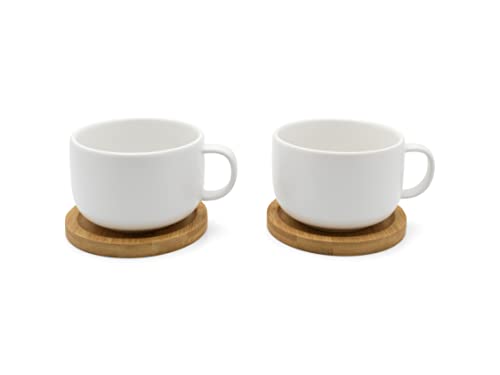2-teilige weiße Keramik Teetassen mit Henkel & Holz-Untersetzer - 250 ml Teebecher aus Steingut von Bredemeijer