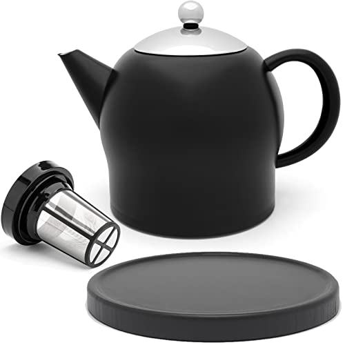 Teekanne Set 1.4 Liter - Edelstahl doppelwandig Schwarz matt - Großer Moderner Teebereiter mit Tee-Filter-Sieb-Aufsatz für losen Tee - inkl. Holz-Untersetzer schwarz von Bredemeijer