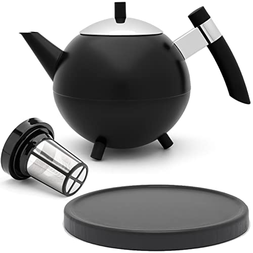 Teekanne Set 1.2 Liter - Edelstahl doppelwandig Schwarz matt - Große Teebereiter mit Deckel mit Tee-Filter-Sieb-Aufsatz für losen Tee - inkl. Holz-Untersetzer schwarz von Bredemeijer