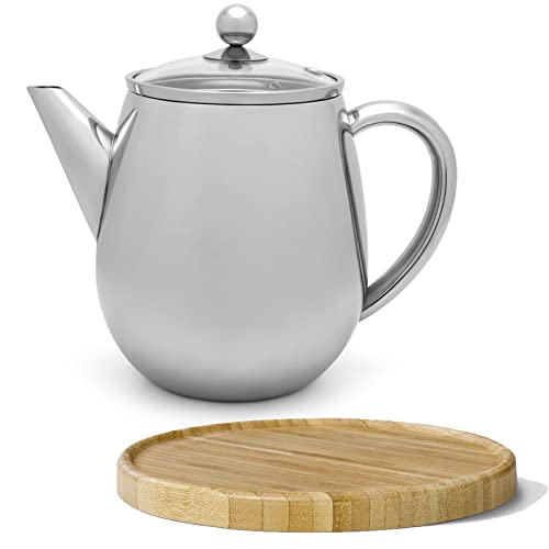 Bredemeijer doppelwandige Teekanne 1.1 Liter - silberne Edelstahl Kanne mit Glasdeckel Teesieb & brauner Holzuntersetzer - für längeren Teegenuss von Bredemeijer