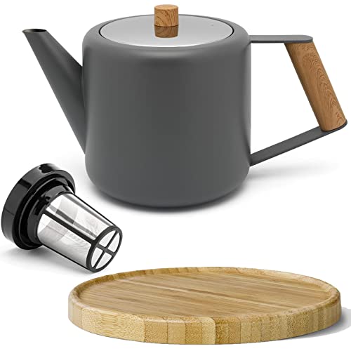 Teekanne Set 1.1 Liter - Edelstahl doppelwandig Grau - Großer moderner Teebereiter mit Tee-Filter-Sieb-Aufsatz für losen Tee - inkl. Holz-Untersetzer braun von Bredemeijer