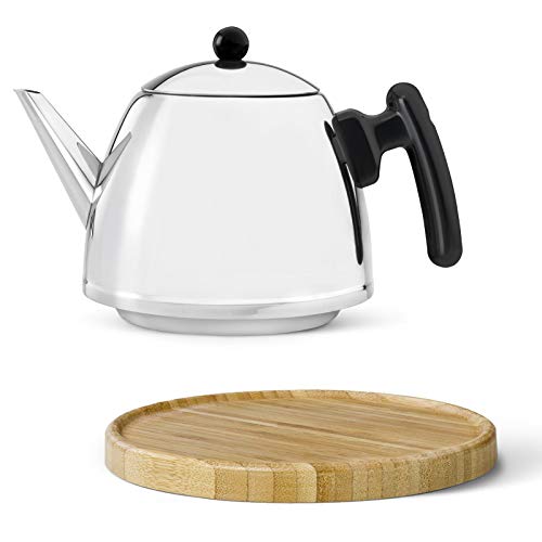 Teekanne Set 1.2 Liter - Edelstahl doppelwandig silber glänzend - Kleiner klassicher Teebereiter ohne Filter - inkl. Holz-Untersetzer braun von Bredemeijer