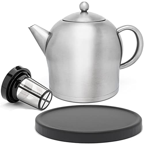 große matte doppelwandige Edelstahl Teekanne 2.0 Liter & schwarzer Untersetzer aus Holz & Edelstahl Tee-Filter-Sieb-Aufsatz für losen Tee oder Teebeutel von Bredemeijer