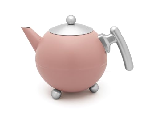 Bredemeijer große bauchige doppelwandige rosa Edelstahl Teekanne 1.2 Liter - isolierende Kanne für Tee - längerer warmer Teegenuss von Bredemeijer