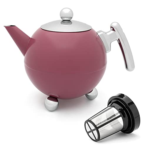 Bredemeijer große doppelwandige Teekanne 1.2 Liter - rosa Edelstahl Kanne & Tee-Filter-Sieb-Aufsatz - für längeren Teegenuss von Bredemeijer