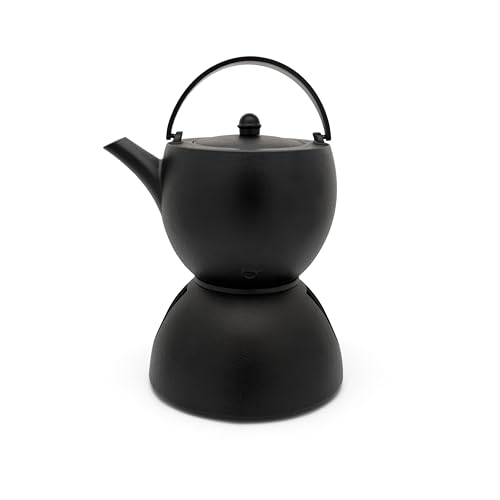 Bredemeijer große schwarze Guss-Teekanne 1.2 Liter - Gusseisen Tee-Set mit Stövchen für 1 Teelicht und Teefilter-Siebeinsatz aus Edelstahl von Bredemeijer