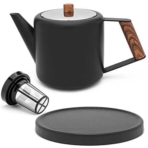 Teekanne Set 1.1 Liter - Edelstahl doppelwandig Schwarz - Großer moderner Teebereiter mit Tee-Filter-Sieb-Aufsatz für losen Tee - inkl. Holz-Untersetzer schwarz von Bredemeijer