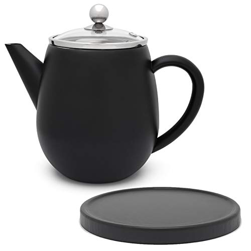 kleine schwarze doppelwandige Edelstahl Teekanne 1.1 Liter & Teebereiter mit Tee-Filter-Sieb-Einsatz & schwarzem Holz Untersetzer von Bredemeijer