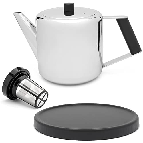 Teekanne Set 1.1 Liter - Edelstahl doppelwandig Silber - Großer moderner Teebereiter mit Tee-Filter-Sieb-Aufsatz für losen Tee - inkl. Holz-Untersetzer schwarz von Bredemeijer