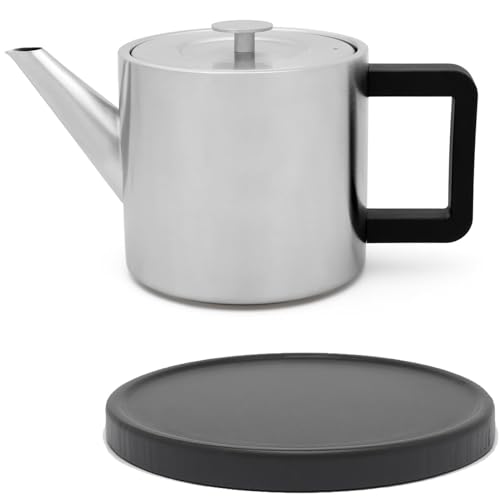 Bredemeijer kleine matte Teekanne 1.1 Liter doppelwandig inkl. Tee-Filter & schwarzem Holz-Untersetzer - Kanne aus Edelstahl im norwegischen Design von Bredemeijer