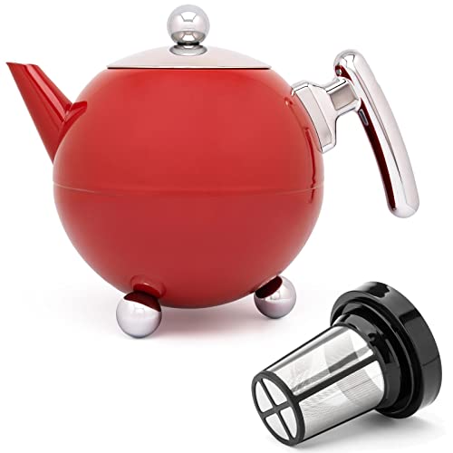 Teekanne Set 1.2 Liter - Edelstahl doppelwandig Rot - Große Edelstahlteekanne mit Deckel mit Tee-Filter-Sieb-Aufsatz für losen Tee von Bredemeijer