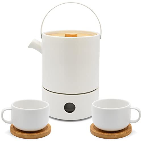 Bredemeijer weiße keramische Teekanne 1.2 Liter mit Teewärmer Teesieb & 2 Teetassen - Steingutkanne für längeren Teegenuss von Bredemeijer