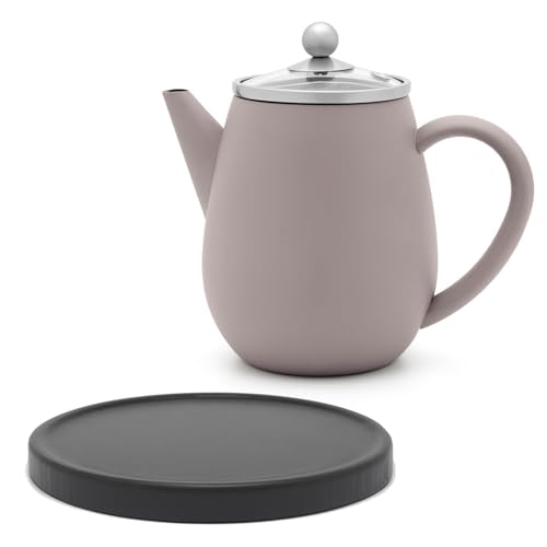 Bredemeijer Doppelwandige Mini Teekanne 0.5 Liter - beton-graue isolierende Edelstahl Kanne Set mit schwarzem Holzuntersetzer & Tee-Filter-Sieb-Einsatz - für lose Teesorten von Bredemeijer