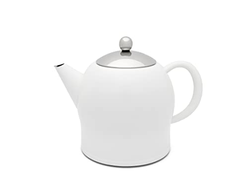 Doppelwandige Teekanne 1.4 Liter ohne Filter - isolierende matt weiße Edelstahl Kanne - Teebereiter für längeren Teegenuss von Bredemeijer
