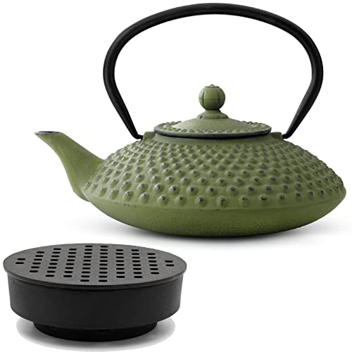 Guss-Teekanne Set 1.25 Liter - grüner flacher asiatischer Teekessel mit Edelstahl Tee-Filter Sieb-Einsatz für losen Tee & Teewärmer von Bredemeijer
