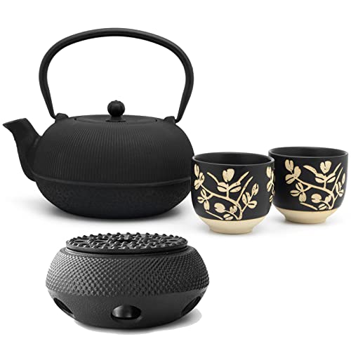 Bredemeijer Gusseisen Teepot Set1.0 Liter Teekanne mit Stövchen & 2 Porzellan-Tassen (Becher) & Edelstahl Tee-Filter Sieb-Einsatz - ideal für lose Teesorten von Bredemeijer