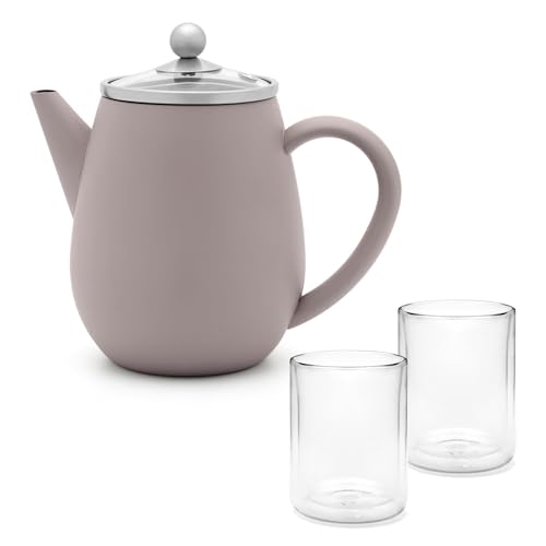 Bredemeijer Mini Teekanne 0.5 Liter beton-grau - doppelwandige matte Edelstahlkanne Set mit Glasdeckel & 2 isolierende Teegläser je 290 ml von Bredemeijer