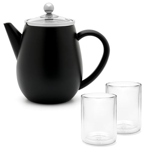 Mini Teekanne 0.5 Liter schwarz - doppelwandige matte Edelstahlkanne Set mit Glasdeckel & 2 isolierende Teegläser je 290 ml von Bredemeijer