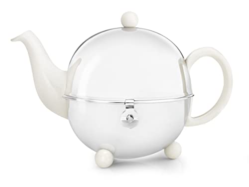 Schöne weiße Teekanne Cosy 0,9 Ltr. mit isolierendem Edelstahlmantel poliert von Bredemeijer inkl. Teefilter (für losen Tee) 1301W (Z161) von Bredemeijer