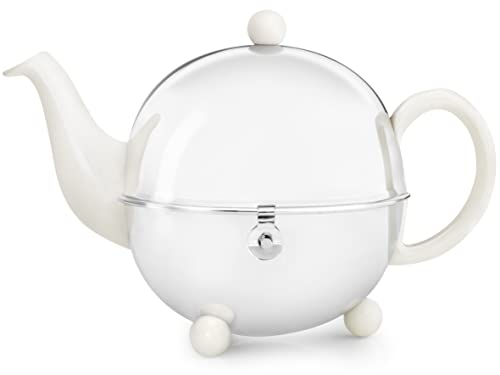 Schöne weiße Teekanne Cosy 1,3 Ltr. mit isolierendem Edelstahlmantel poliert von Bredemeijer inkl. Teefilter (für losen Tee) 1302W von Bredemeijer