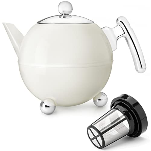Teekanne Set 1.2 Liter - Edelstahl doppelwandig Creme-Weiss - Große Edelstahlteekanne mit Deckel mit Tee-Filter-Sieb-Aufsatz für losen Tee von Bredemeijer