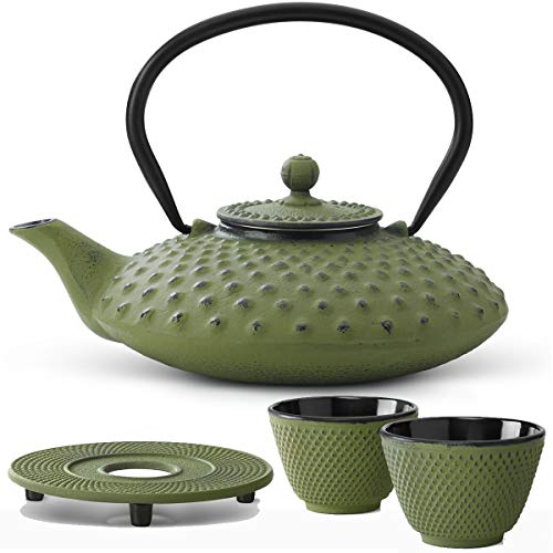 Teekanne asiatisch Gusseisen Set grün 0.8 Liter mit Edelstahl Tee-Filter-Sieb-Einsatz für losen Tee mit Stövchen und Teebecher (2 Tassen) grün von Bredemeijer