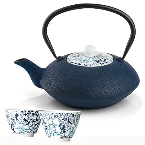 Teekanne asiatisch Gusseisen Set blau 1.2 Liter mit Edelstahl Tee-Filter-Sieb-Einsatz für losen Tee mit Teebecher (2 Tassen) Porzellan von Bredemeijer