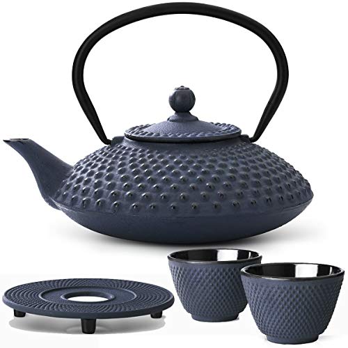 Teekanne asiatisch Gusseisen Set blau 1.25 Liter mit Edelstahl Tee-Filter-Sieb-Einsatz für losen Tee mit Stövchen und Teebecher (2 Tassen) blau von Bredemeijer