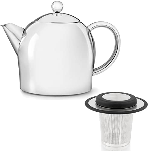 Teekanne Set 0.5 Liter - Edelstahl glänzend doppelwandig - Kleiner Teebereiter mit Tee-Filter-Sieb-Aufsatz für losen Tee von Bredemeijer